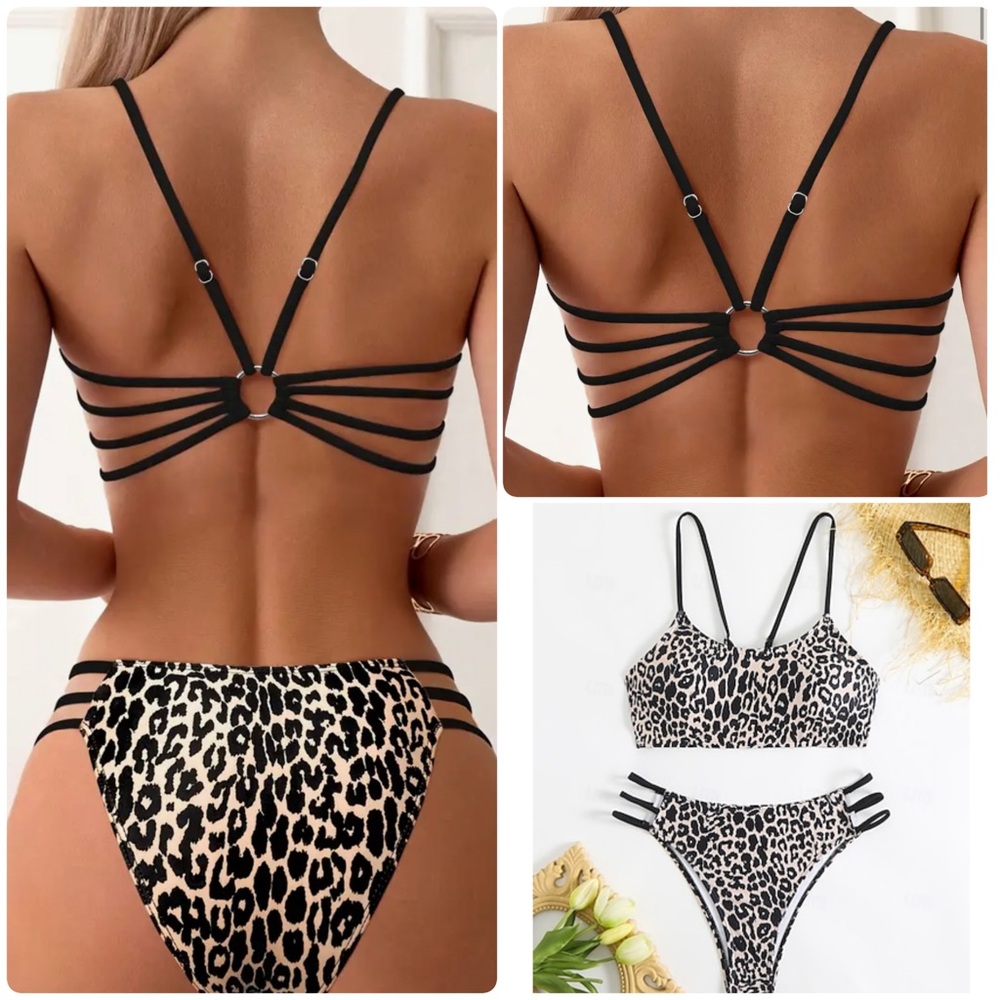 Leopard Print Strappy High Cut Bikini Set